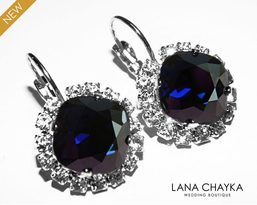 زفاف - Dark Navy Blue Crystal Halo Earrings Swarovski Dark Indigo Rhinestone Indigo Leverback Sparkly Earrings Deep Blue Jewelry Wedding Earrings