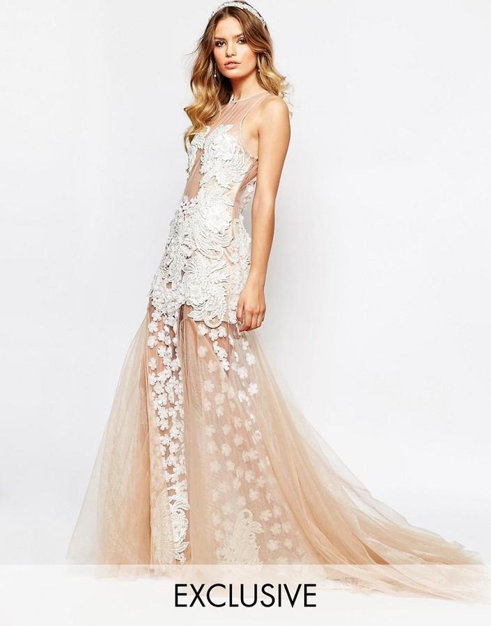 Hochzeit - A Star Is Born Bridal Luxe Floral Applique Maxi Dress With Full 3D Applique Skirt