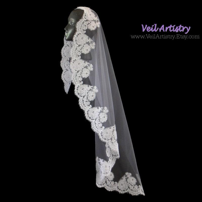 زفاف - Bridal Veil, Mantilla, Alencon Lace Edge Veil, Mantilla Veil, Fingertip Veil, Ballet Veil, Waltz Veil, Made-to-Order Veil, Handmade Veil