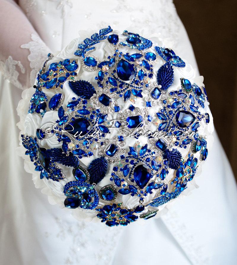 Wedding - Royal Blue Wedding Brooch Bouquet. "Royal Blue Crown" Crystal Crown Cobalt Heirloom Bouquet. Jewelry Bridal Broach Bouquet, Ruby Blooms
