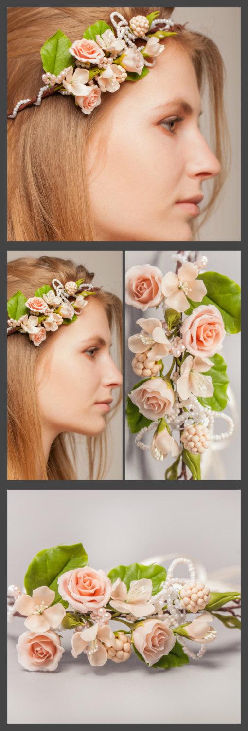 Wedding - Peach Rose Bridal Flower Crown, Wedding Hair Wreath, Ivory Cream Hair Accessories, Bridal Halo, Wedding Crown, Flower Halo