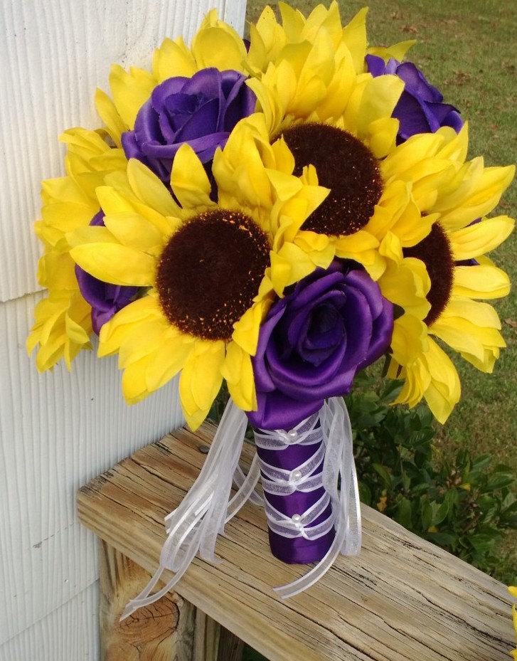زفاف - Sunflower Bouquet, Sunflower Purple Rose Bridal Bouquet, Sunflower Wedding, Yellow Purple Bouquet, Sunflower Purple Bouquet, Rustic Bouquet