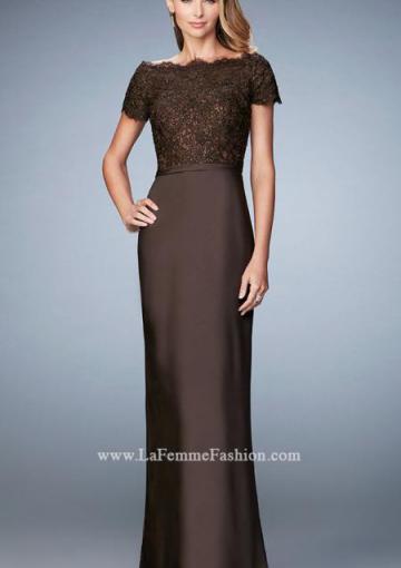 Свадьба - Column Chocolate Zipper Appliques Floor Length Navy Straps Short Sleeves Lace Satin Ruched