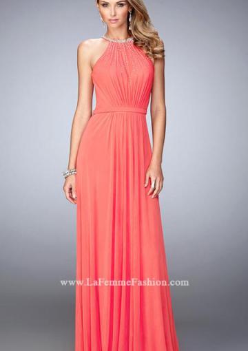Mariage - Blue Open Back Chiffon Sleeveless Salmon A-line Halter Floor Length Ruched