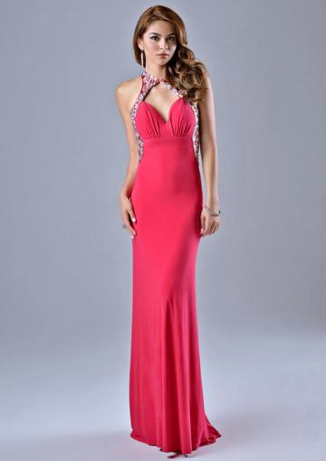 Свадьба - Red Crystal Open Back Sleeveless Sweep Ruched Sheath Halter Elastic Stain