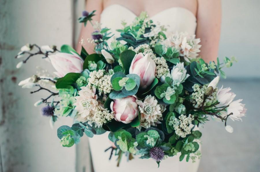 Hochzeit - The 'Estelle' Disarrangement  - Pastel Pink Protea and Eucalyptus Keepsake Bouquet