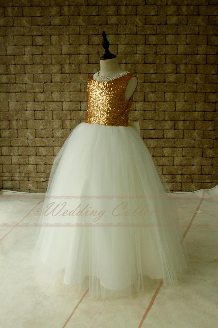 Свадьба - Gold Sequined Flower Girls Dress Birthday Party Dress Pearl Neckline Floor Length