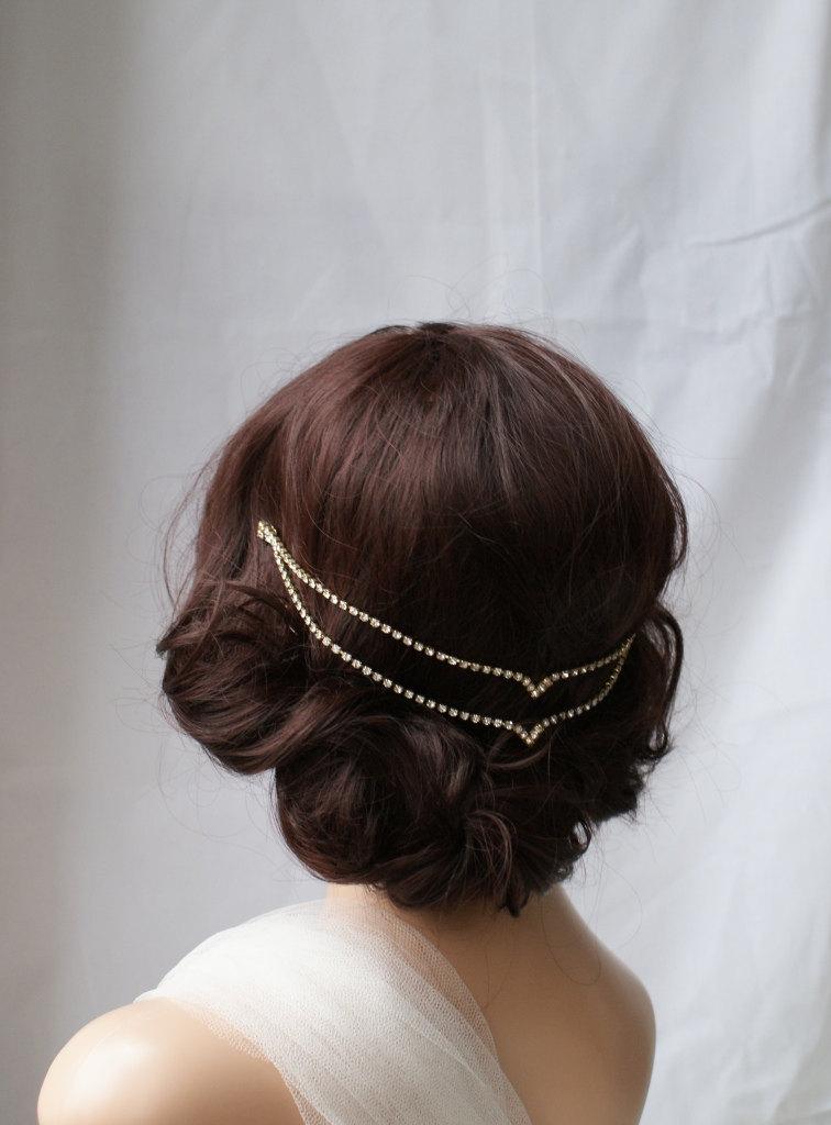 Mariage - Gold Wedding Headpiece - Bridal Accessory Hair chain - Crystal Hair Jewellery - Bohemian Bridal headpiece for back of the head