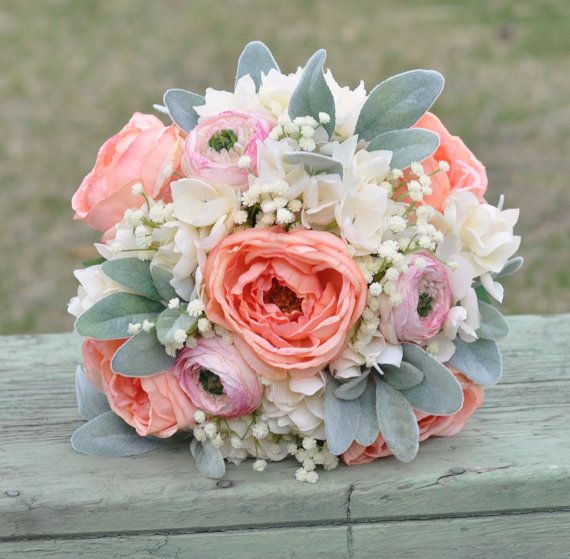 Hochzeit - Silk Wedding Bouquet Made With Coral Roses, Pink Ranunculus, Ivory Hydrangea And Babies Breath Silk Flower Wedding Bouquet