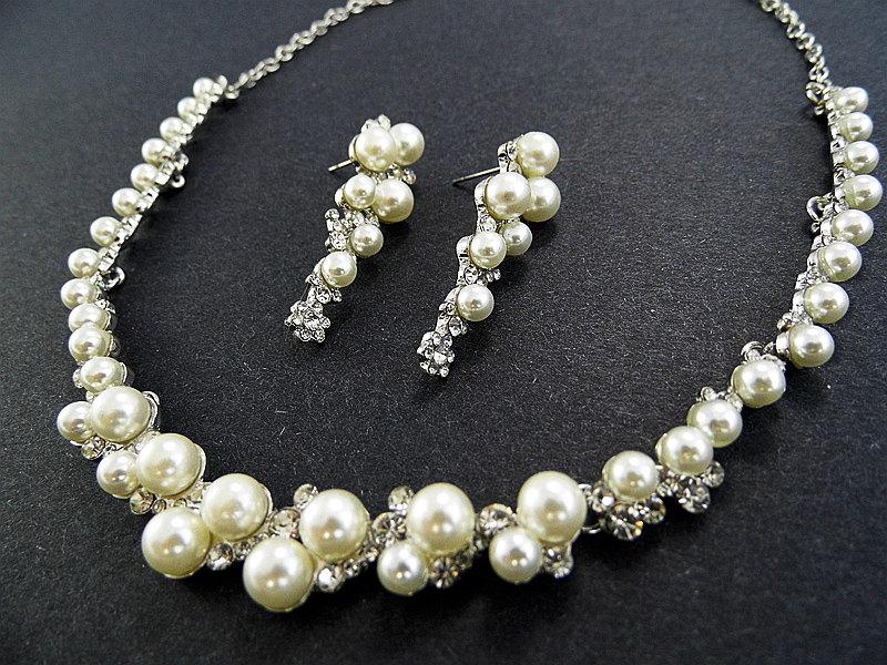 زفاف - Pearl and rhinestone jewelry set ,Elegant bridal jewelry set, Bridal necklace and earrings,Wedding necklace earrings set