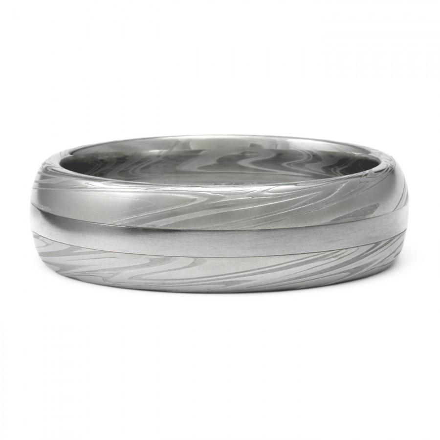 زفاف - Damascus Ring with Palladium Inlay Mens Wedding Band. Half Round 5mm, 6mm or 7mm, Powerful Swirling Current Pattern. Premium Handmade Ring.