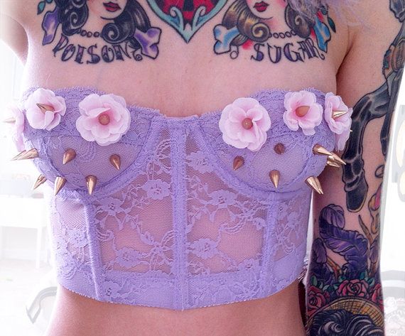 Mariage - Pastel Purple/Lavender Lace Crop Bustier Embellished With Small Pale Pink Flowers And Rose Gold Spikes