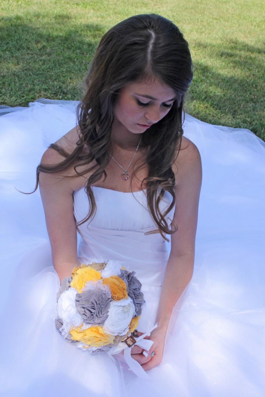 Wedding - Romantic rustic sunny yellow, grey and white burlap bridal wedding bouquet. Shabby chic fabric flowers.
