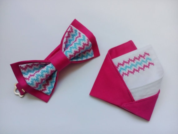 Hochzeit - wedding set of hot pink bow tie and matching pocket square designed by Accessories482 groom tie groomsmen chevron neckties trauzeugen fliege