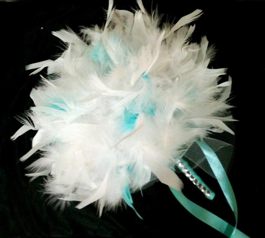 Свадьба - Small Aqua Malibu Blue and White Feather Wedding Bouquet - BLING Crystal Accents Turquoise Bridesmaids MOH Toss Feathers Bouquets