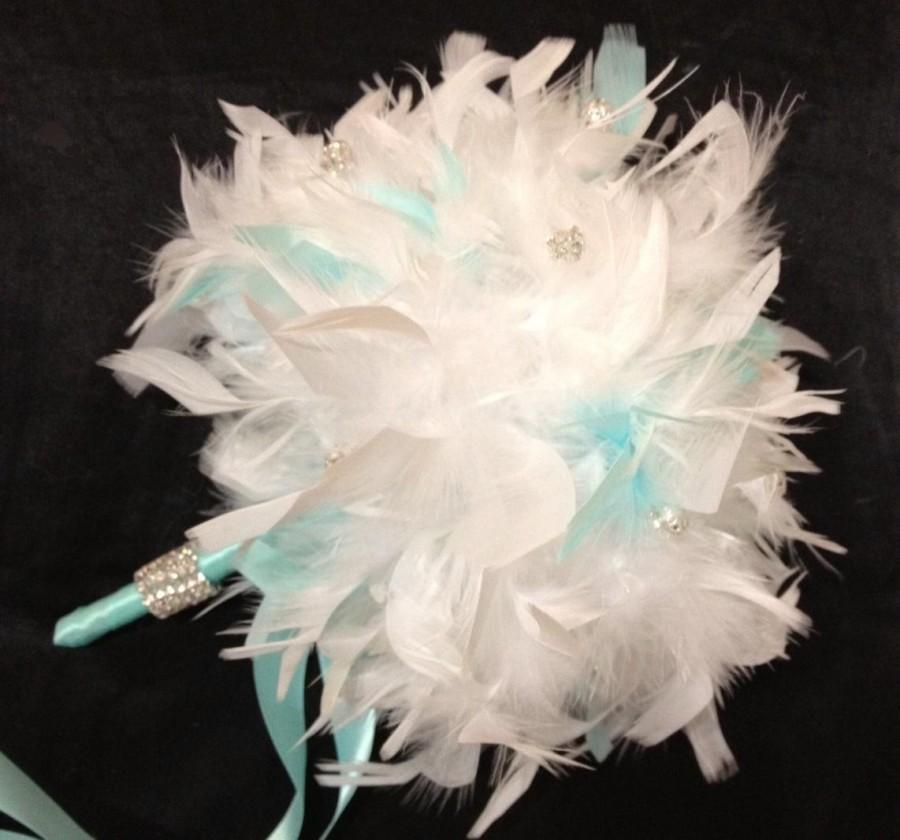 Mariage - Aqua Blue & White Feather and Swarovski Crystal Couture Bridal Bouquet Custom Bride Bouquets Diamond Crystals Wedding Chandelle Feathers