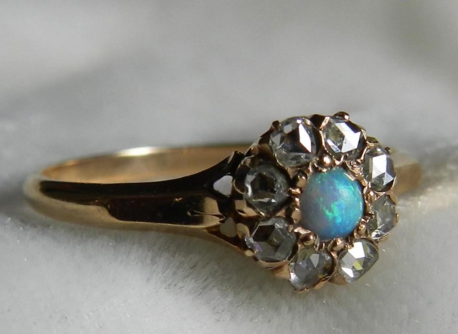 Wedding - Opal Ring 14K Blue Opal Ring Halo Engagement Ring October Birthstone Unique Engagement Anniversary Ring