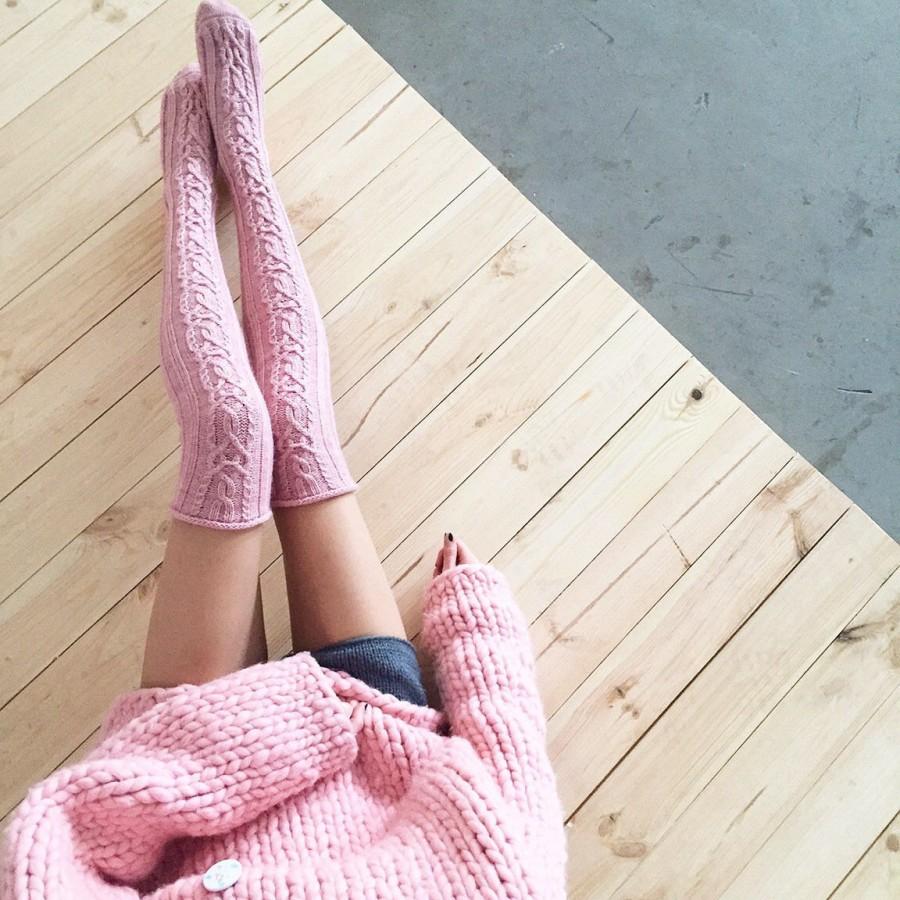 زفاف - Knee High Cable Knit Thick Wool Socks, Lolly Pink