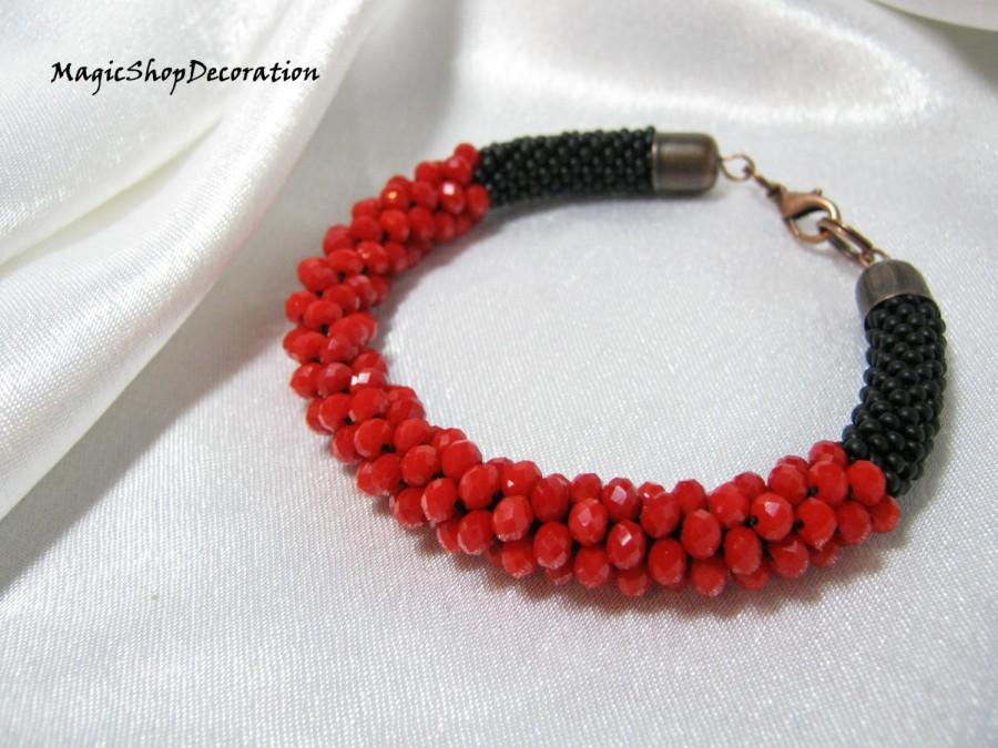 Hochzeit - Red Bracelet with crystal beads Red and black Gift for her Beaded bracelet Delicate bracelet Charm bracelet Seed bead bracelet Handmade