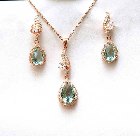 Mariage - Rose Gold Necklace, Rose Gold Earrings, CZ Sterling Silver Necklace and Earrings, Wedding Jewelry, Teardrop Earrings, Jewelry Set Bridal Set