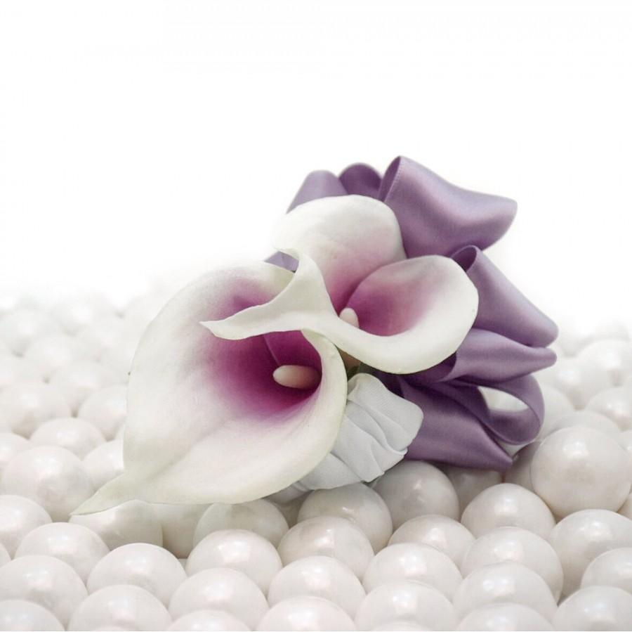 Свадьба - Lavender Picasso Calla Corsage - Real Touch Artificial Lavender Picasso Calla Lilies with a Satin Wrist band - Select Ribbon and Pin Colors