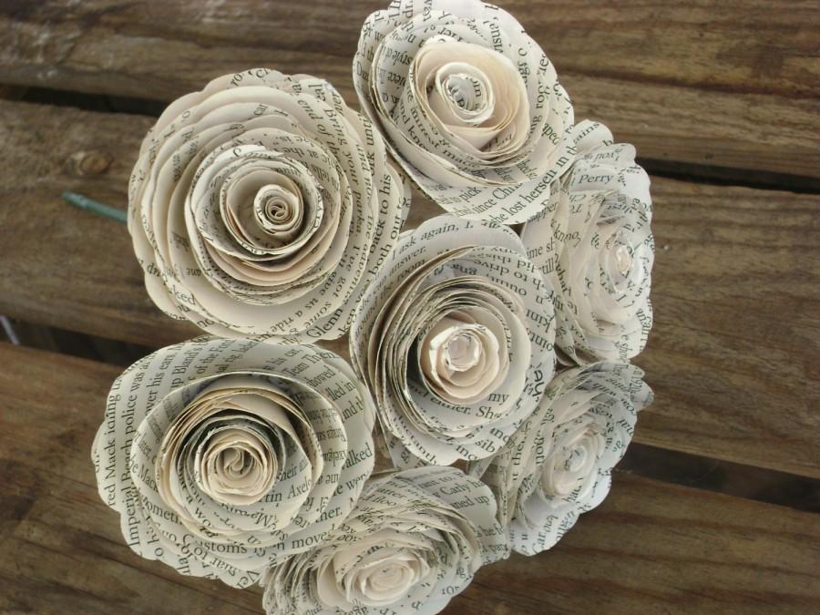 Wedding - 2 inch sized spiral book page rolled roses 7 flower bouquet toss rehearsal recycled books