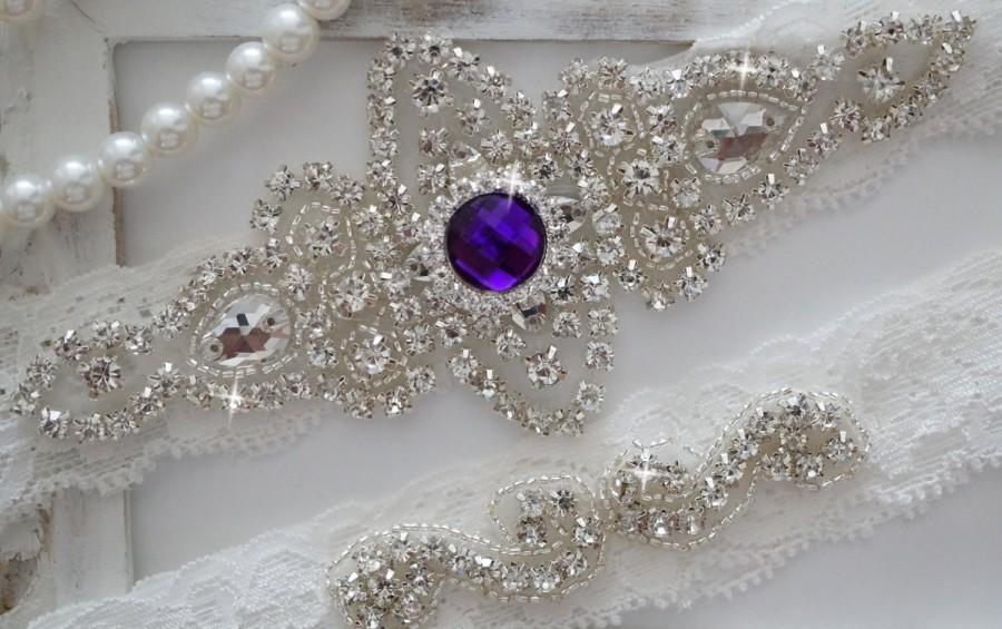 Mariage - SALE - Wedding Garter Set, Bridal Garter Set, Vintage Wedding, Ivory Lace Garter, Purple Wedding Garter - Style 100D