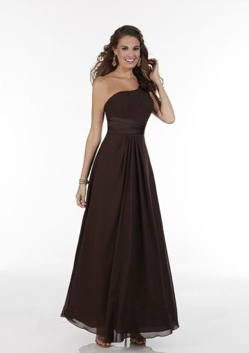 Mariage - Zipper Chiffon A-line Floor Length One Shoulder Chocolate Sleeveless Ruched