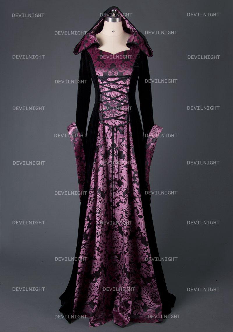 Wedding - Black and Purple Velvet Vintage Medieval Hooded Dress