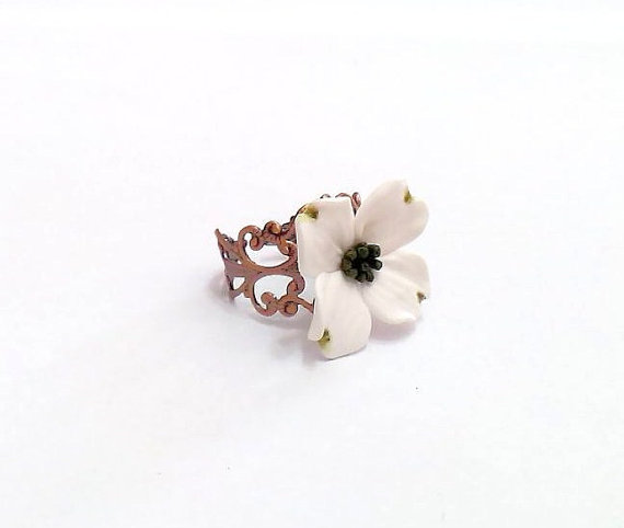 Wedding - White Dogwood Ring, Adjustable Ring, Shabby Chic Cocktail Ring, Handmade Gifts Bridal Jewelry Bridesmaids Accessories