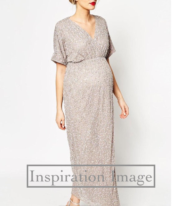 Hochzeit - Full sequin kimono cross top, empire waist, gathered skirt formal dress with sleeves for bridesmaids and weddings. Maternity available