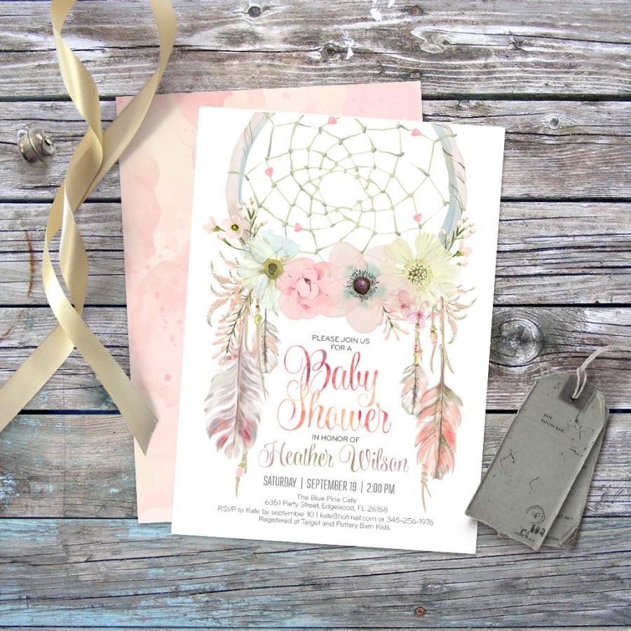 Wedding - Dream catcher bohemian baby shower invitation. Digital. Tribal invites, feathers, boho, pastel dreamcatcher watercolor, baby girl. 002CMP
