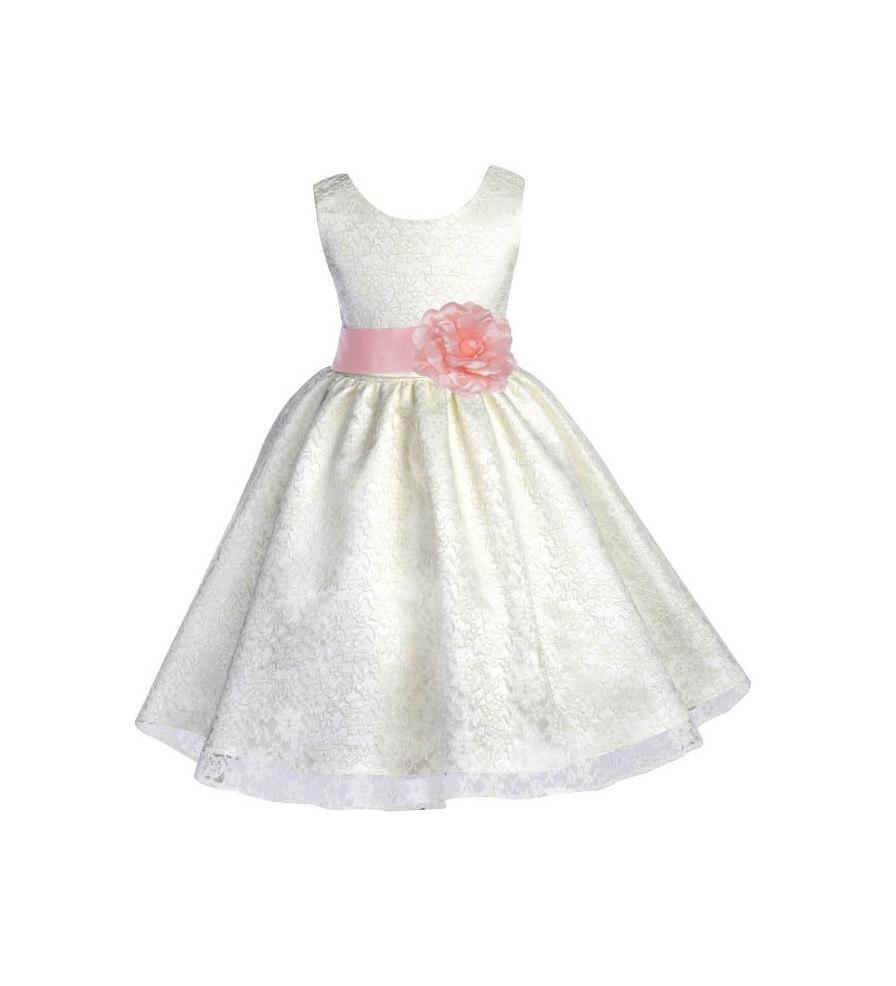 Wedding - Choice of color sash/Wedding Floral Lace Overlay ivory flower girl dress toddler baby bridesmaid easter size 6-9m 12-18m 2 4 6 8 10 12 
