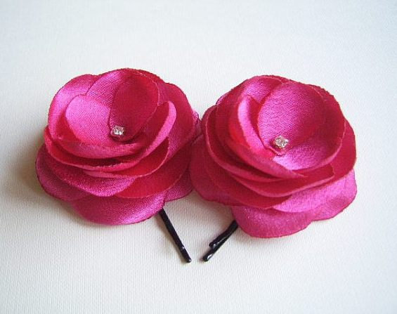 Свадьба - Hot Pink Hair Flowers Fuchsia Bridal Hair Clips Pink Wedding Accessories Bridesmaids Gifts Hot Pink Brooch Hot Pink Shoe Clips Hot Pink Clip