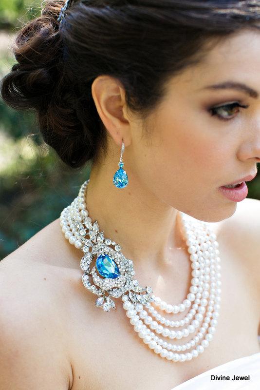 زفاف - Bridal Pearl Necklace, Ivory or White Pearls,Statement Bridal Necklace,Something Blue Necklace, Wedding Pearl Necklace,Pearl, MIRANDA