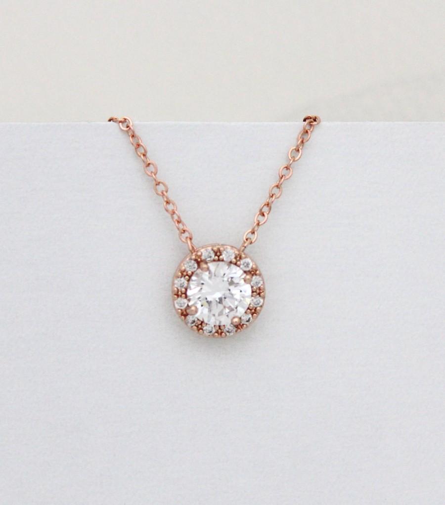 Wedding - Rose Gold Solitaire necklace, Crystal Bridal necklace, Rose Gold wedding necklace, Wedding jewelry, Bridesmaid jewelry, Halo necklace