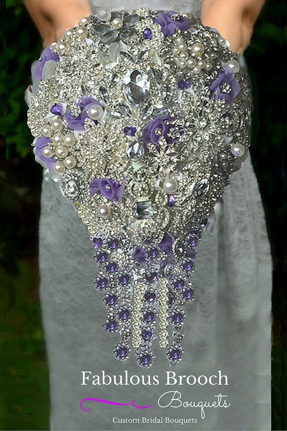 زفاف - Purple Brooch Bouquet, Lavender Brooch Bouquet, Cascading Brooch Bouquet, Choose your Accent Color,  Deposit Only, Full Price 425.00