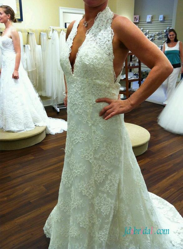 Mariage - Sexy plunging halter empire lace sheath wedding dress