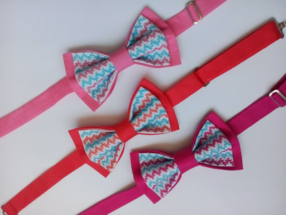 Mariage - wedding gift set of 3 chevron bow ties pink bow tie coral bowtie hot pink bow tie for groom wedding salmon necktie bridal gifts men's ties