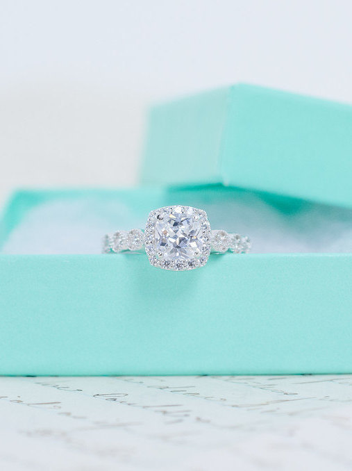 زفاف - SALE - Art Deco Engagement Ring - Cushion Cut Ring - Halo Engagement Ring - Wedding Ring - Bead Dot Ring - Sterling Silver - 1.3 Carat
