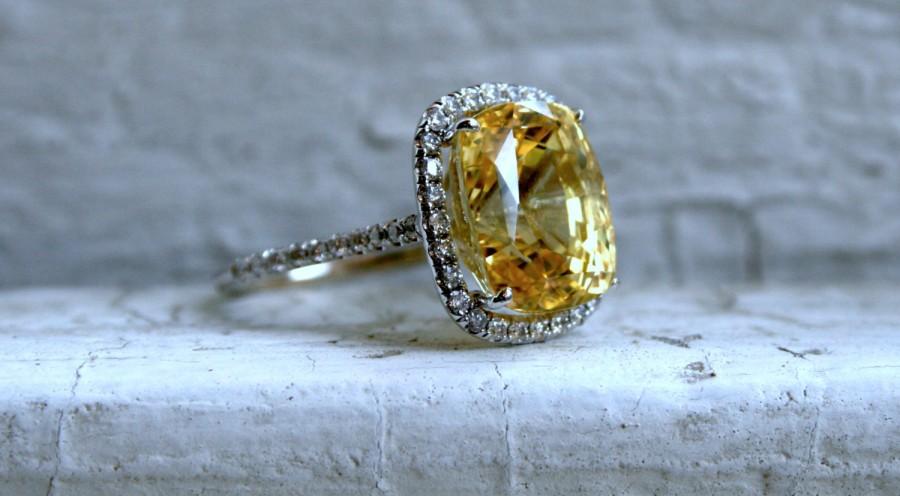 زفاف - Gorgeous Vintage 14K White Gold Diamond and No Heat Natural Yellow Sapphire Engagement Ring with GIA Cert - 13.16ct.