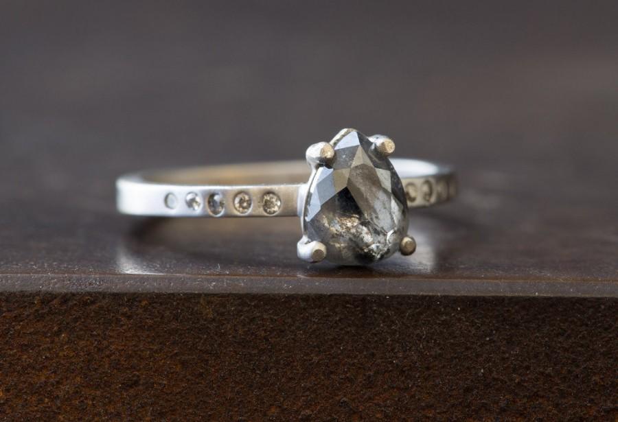 Wedding - Natural Rose Cut Black Diamond Ring with Pave Diamond Band