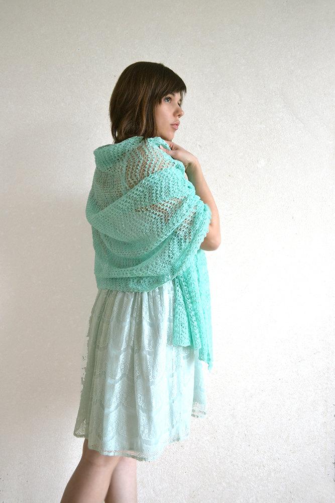 Свадьба - Mint Linen Scarf  Lace Shawl Gauzy Wrap Knitted Bridesmaids Stole Linen Lace Scarf Sheer Weddings Scarf