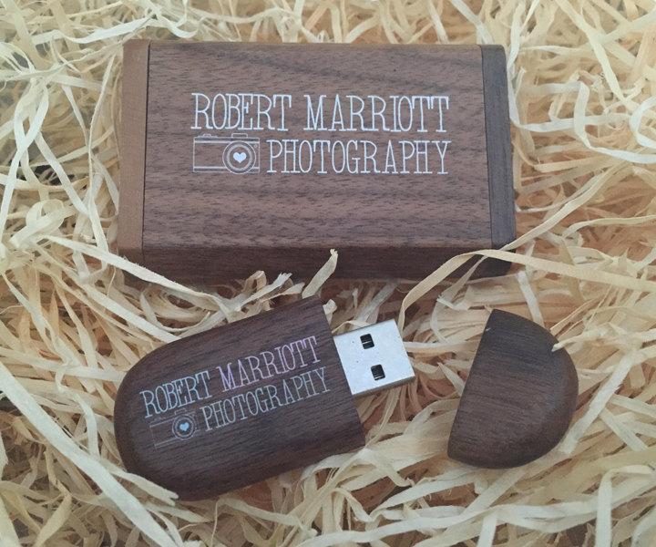 زفاف - 1 Dark Wooden Pebble USB & Small Flip Dark Wooden USB Gift Box - branded with Your Personalised Logo