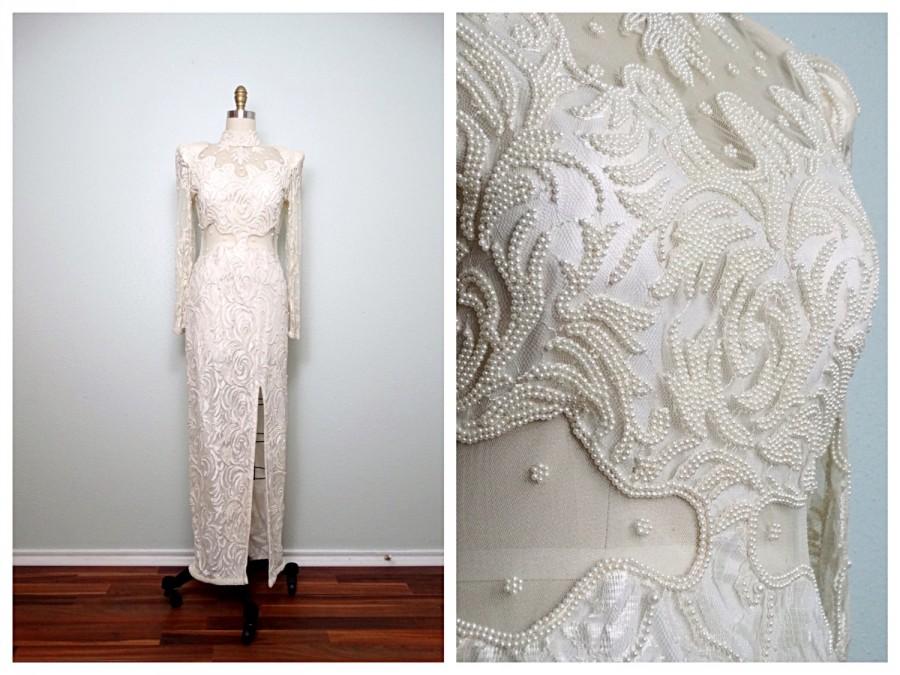 Hochzeit - Peek-a-Boo Pearl Beaded Lace Dress // Ivory Vintage Wedding Gown // Pearl Beaded Wedding Dress