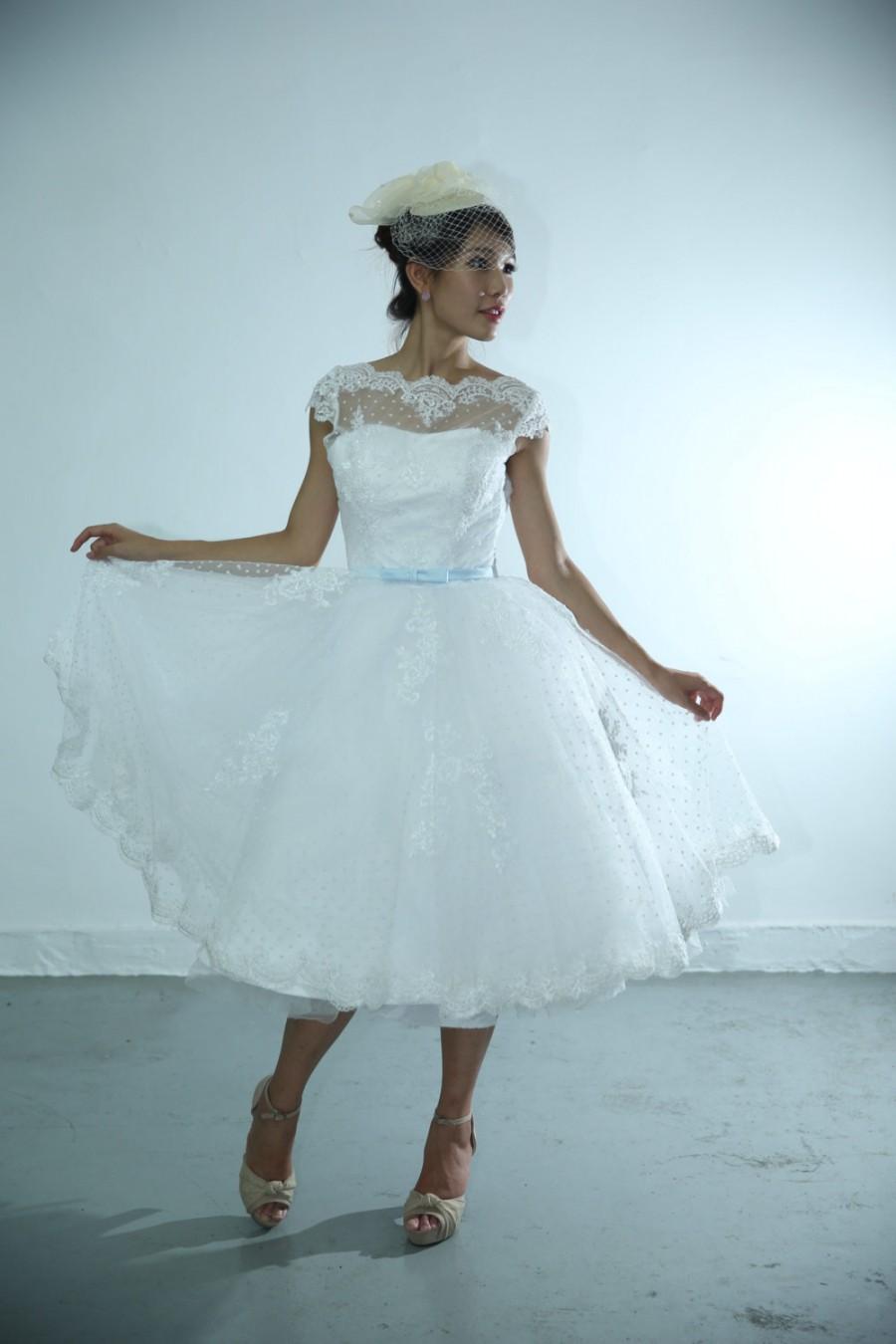 Wedding - 50shouse_ 50s inspired retro feel polka dot lace neckline tulle tea wedding dress with blue sash_ custom make