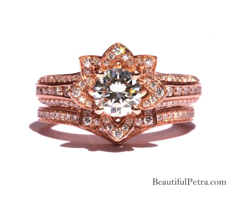 Wedding - Rose Gold - Wedding SET - UNIQUE Flower Rose Diamond Engagement Ring and Wedding band set - 2.55 carats - 14K - fL01-S
