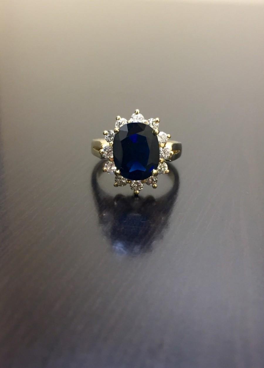 Wedding - 14K Yellow Gold Blue Sapphire Diamond Engagement Ring - 14K Gold Sapphire Diamond Wedding Ring - Halo Diamond Sapphire Ring - Diamond Ring