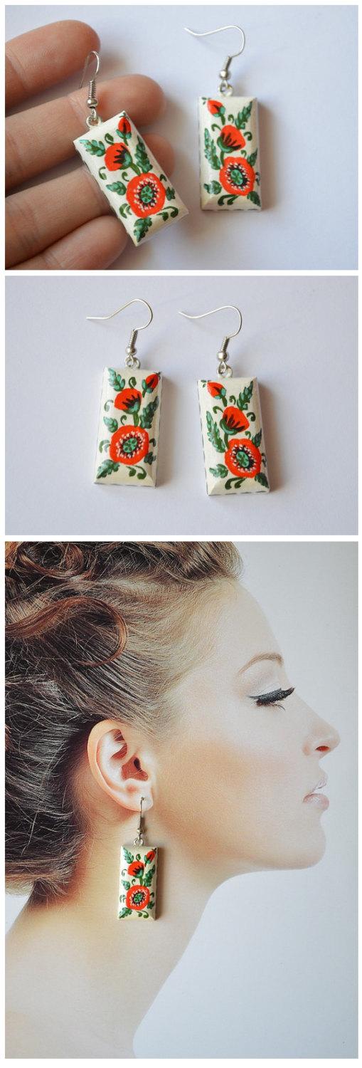 زفاف - Red poppies earrings of wood with hand painted Rectangular handmade wooden earrings folklore jewelry Gift idea for her White red green