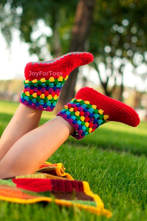 Mariage - Girlfriend gift Crochet Boots Women Homemade Slippers Joy Rainbow Crocheted Slippers Women Fashion Shoes Gifts for her Green Trending Items